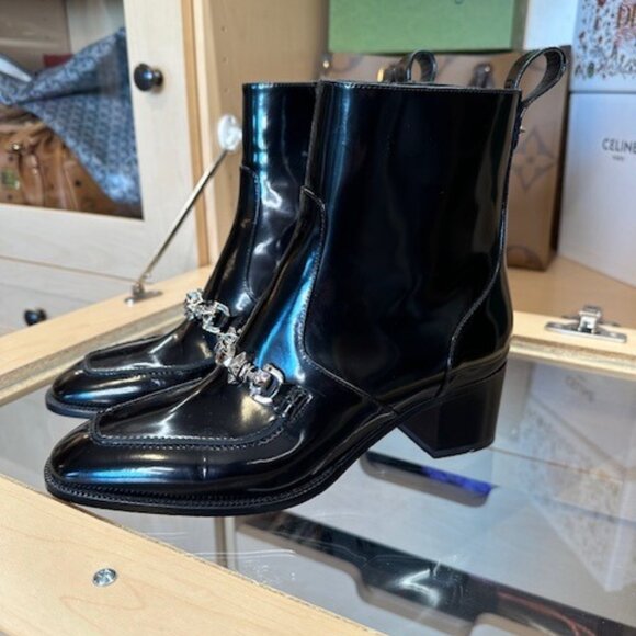 Christian Louboutin Shoes - Christian Louboutin Black Chain-Link Accent Size 38 Patent Leather Booties